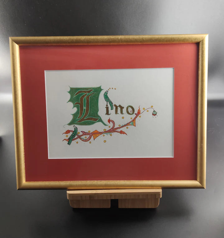 Gift idea, Illuminated first name on high quality paper, 24 ct gold leaf, A5 format