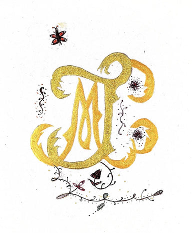 Leaf letter M and J in 24 Carat gold and bronze on high quality paper