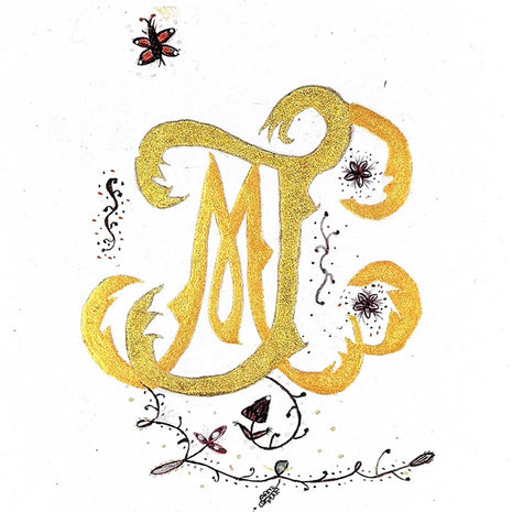Lettre feuille M et J en or 24 Carats et Bronze sur papier de haute qualité