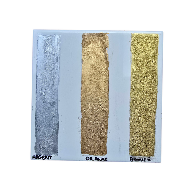 Ref : 0042 Kit d'Enluminure avec 3 pigments de couleurs, Argent, Or et Bronze