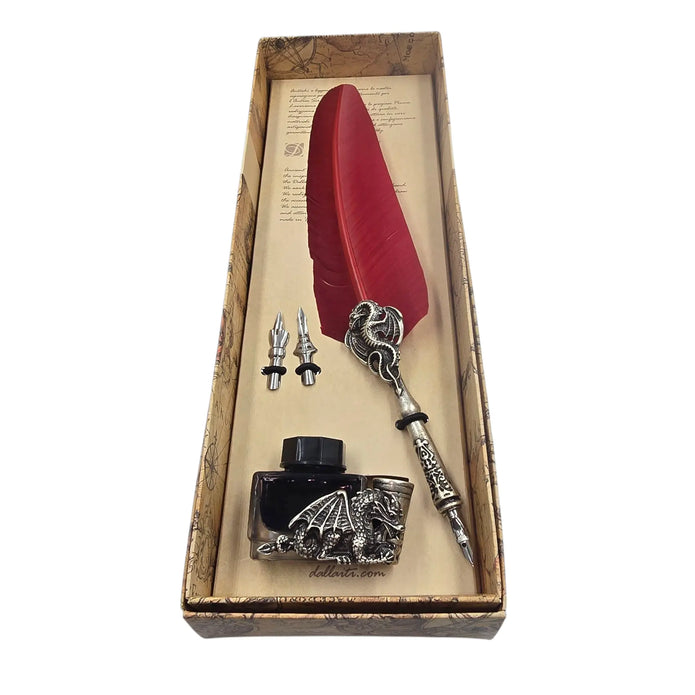 Ref: 0006976 Pewter-clad pen holder box decorated with a dragon in three colors