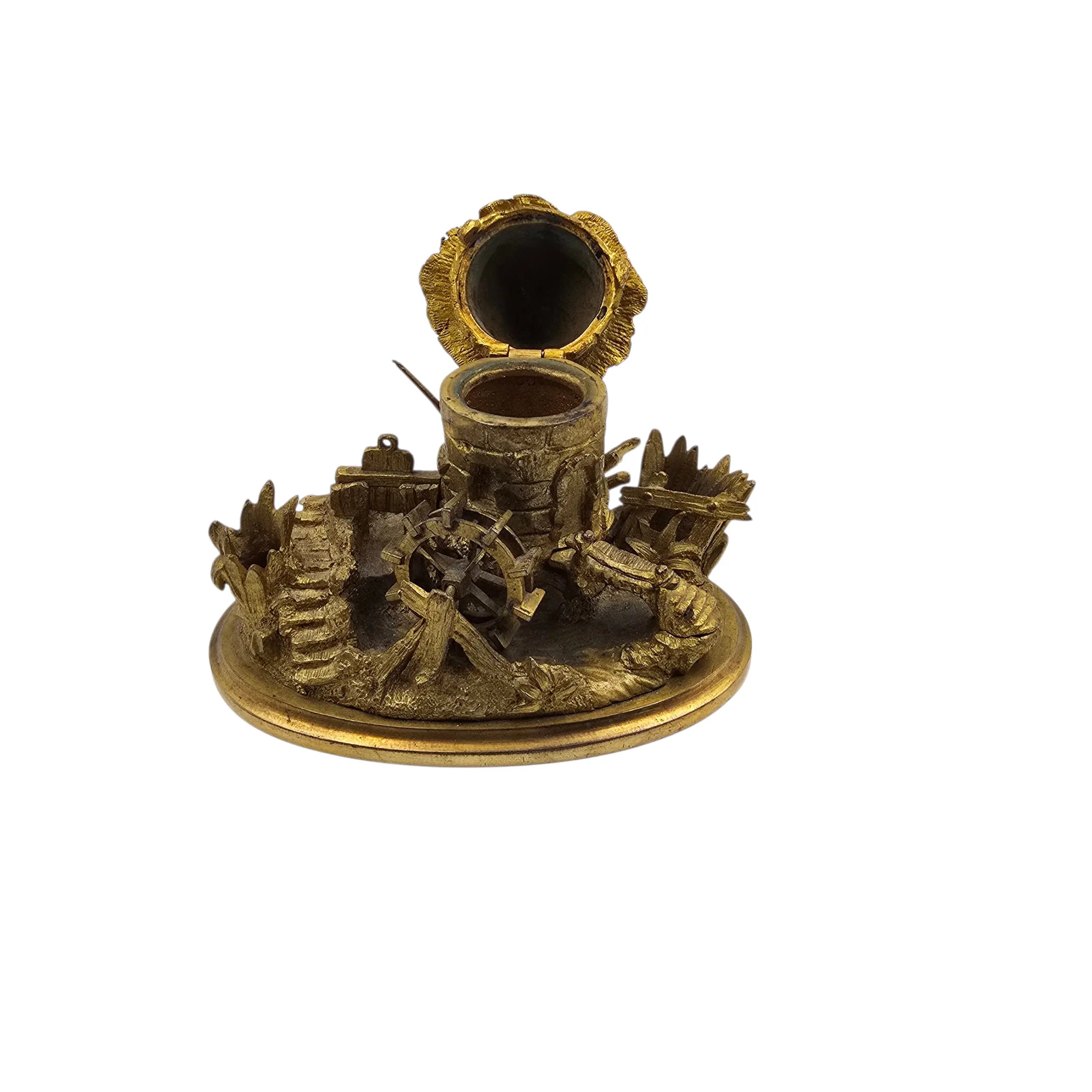 L’Encre du Meunier – Encrier ancien en bronze doré à moulin à eau (XIXᵉ siècle)