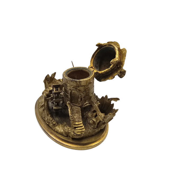 L’Encre du Meunier – Encrier ancien en bronze doré à moulin à eau (XIXᵉ siècle)
