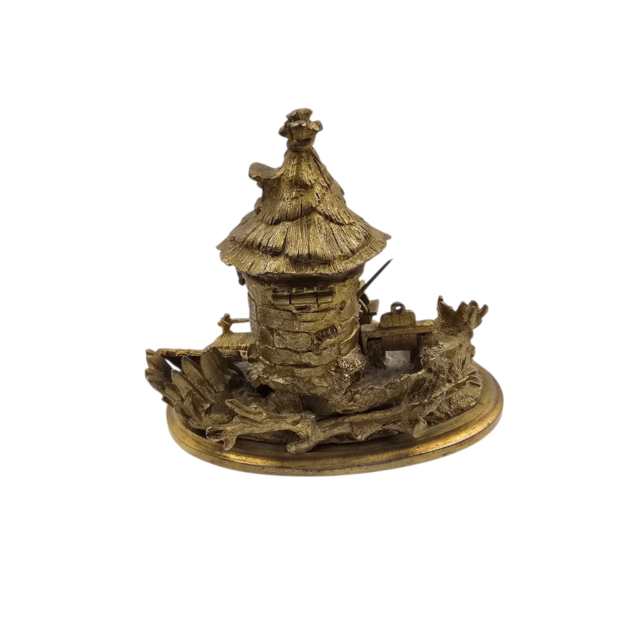 L’Encre du Meunier – Encrier ancien en bronze doré à moulin à eau (XIXᵉ siècle)
