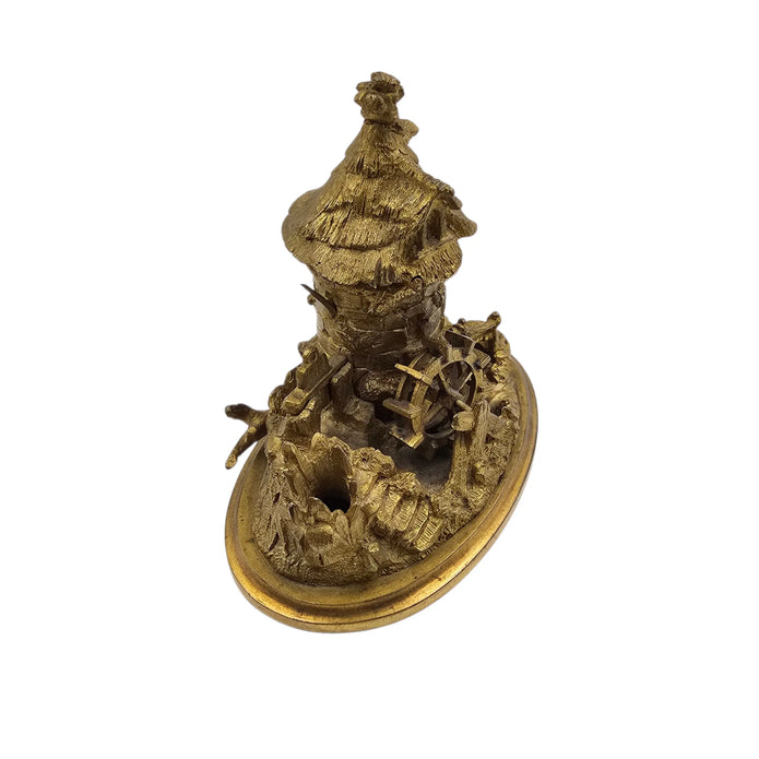 L’Encre du Meunier – Encrier ancien en bronze doré à moulin à eau (XIXᵉ siècle)