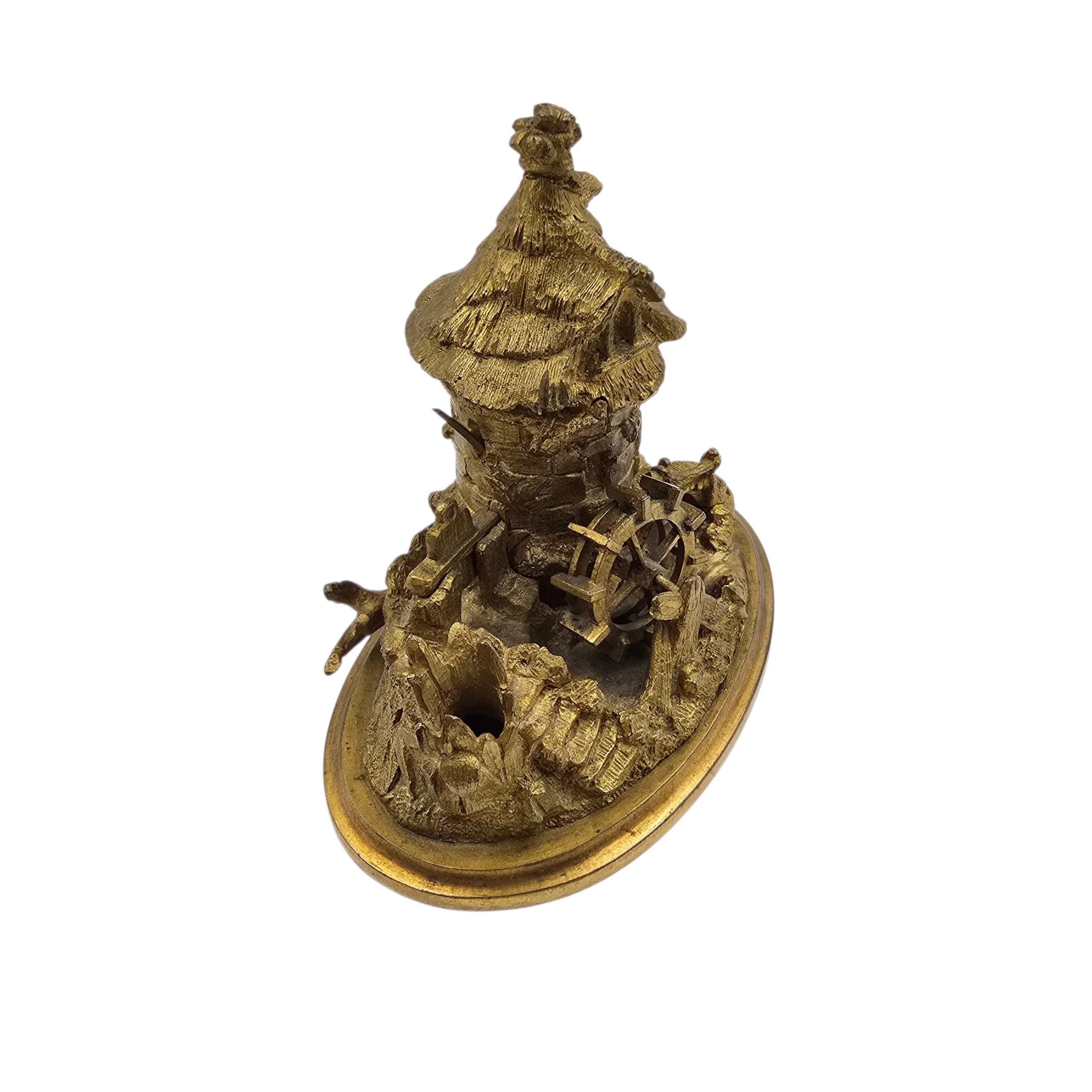 L’Encre du Meunier – Encrier ancien en bronze doré à moulin à eau (XIXᵉ siècle)