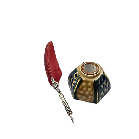 Encrier ancien en céramique octogonale – Décor géométrique  Fin XIXᵉ – début XXᵉ siècle