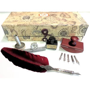 ref: 0000453-4 Coffret " Plume d'oie, tampon buvard, sceau et cire à cacheter"