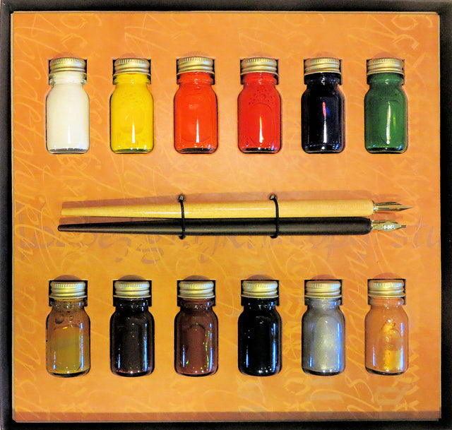 Ref: 0015718-2: Calligraphy Set "12 ink bottles, wooden pen holders and nibs"