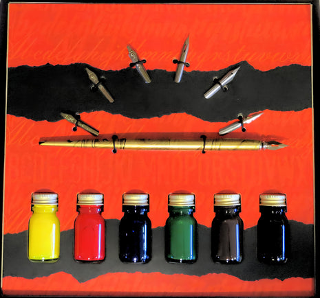 Ref: 0015718-1 Calligraphy Set "6 ink bottles, wooden pen holder and nibs" 