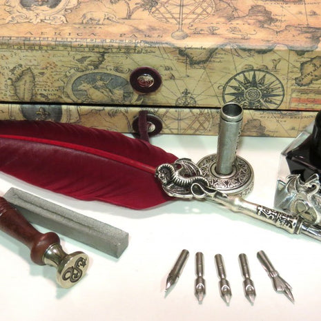 Ref: 0000453-4 Coffret Plume d'oie, Cire et sceau à cacheter "Dragon"